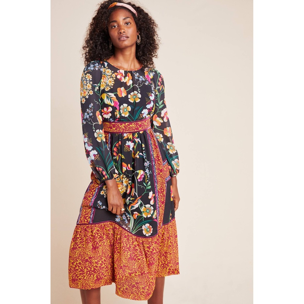 Anthropologie Adair Mixed Floral Midi Dress Black Red Velvet Trim Boho Size 8